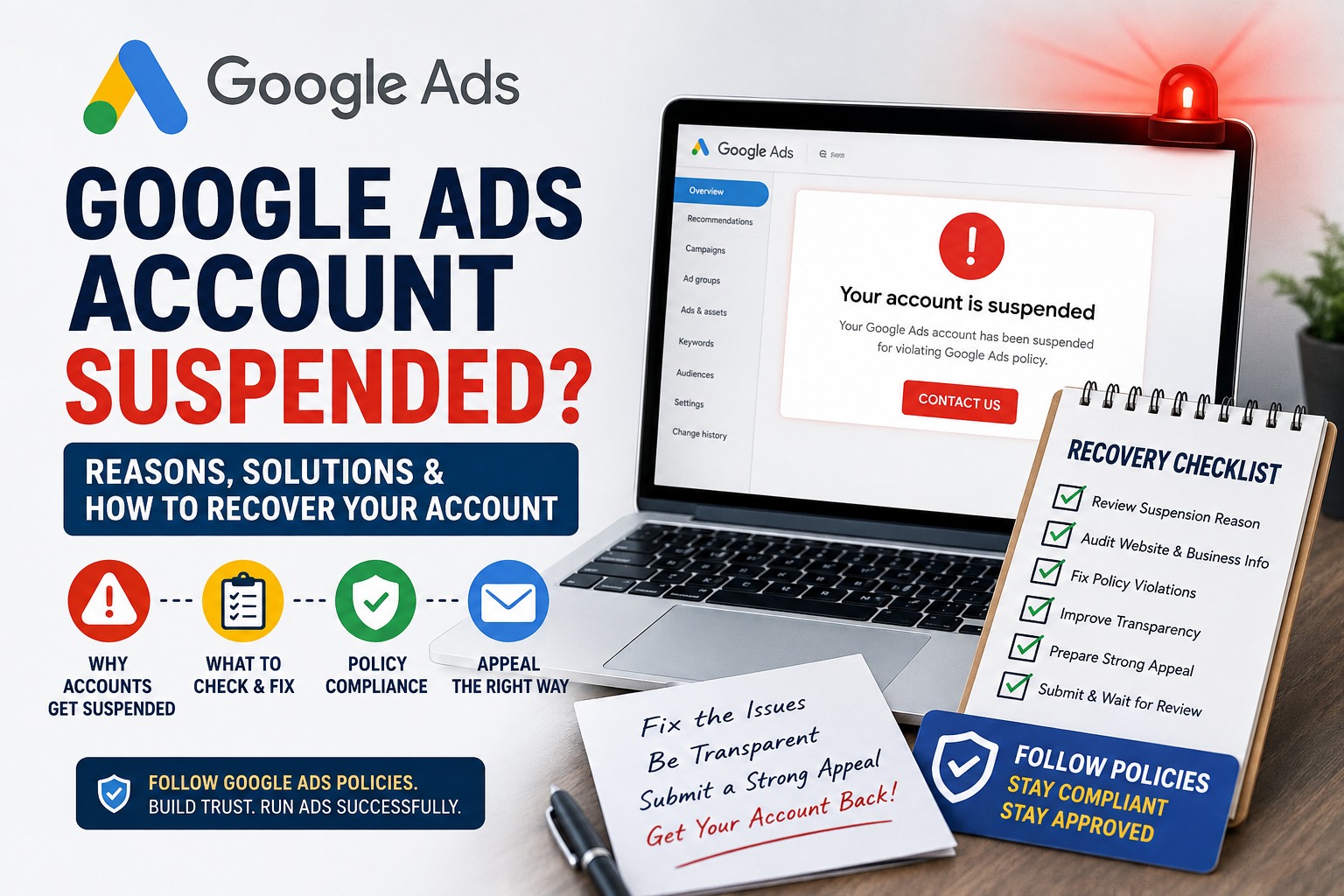 Google Ads Account Suspended? Reasons, Solutions & How to Recover Your Account