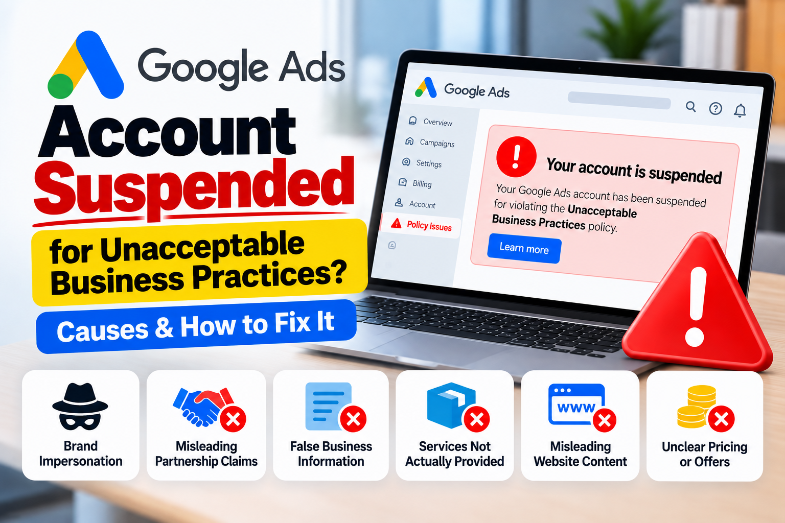 Google Ads Account Suspended for Unacceptable Business Practices? Causes & How to Fix It